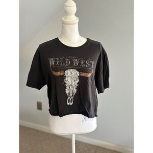 Zutter USA Wild‎ West Graphic Tee Cropped Raw Hem Black T-Shirt L